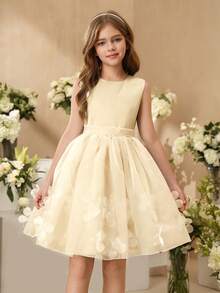 SHEIN Đầm dự tiệc mới cho bé gái, đầm công chúa ngắn xòe bằng vải voan, đầm vest dự biểu diễn piano. - Rượu sâm banh - Xem 6