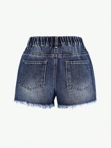Y2K Fashion Medium Wash Denim Tween Girls Distressed Casual Shorts - Medium Wash - View 2