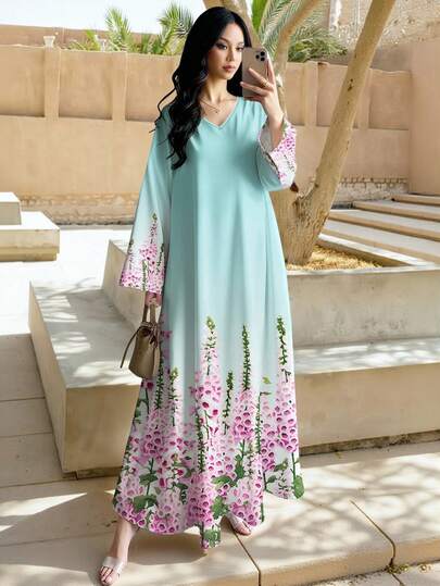 SHEIN Najma Lavender Ditsy Floral V-Neck Long Sleeve Maxi Dress, Ombre Blue Gradient Floral Pattern, Elegant Long Dress Suitable For Vacation And Daily Wear, Spring/Summer