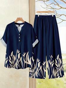 EMERY ROSE Leaf Print Plus Size Women Rolled Sleeve Shirt And Pants 2 Pieces Set, Suitable For Vacation - Multicolor - View 1