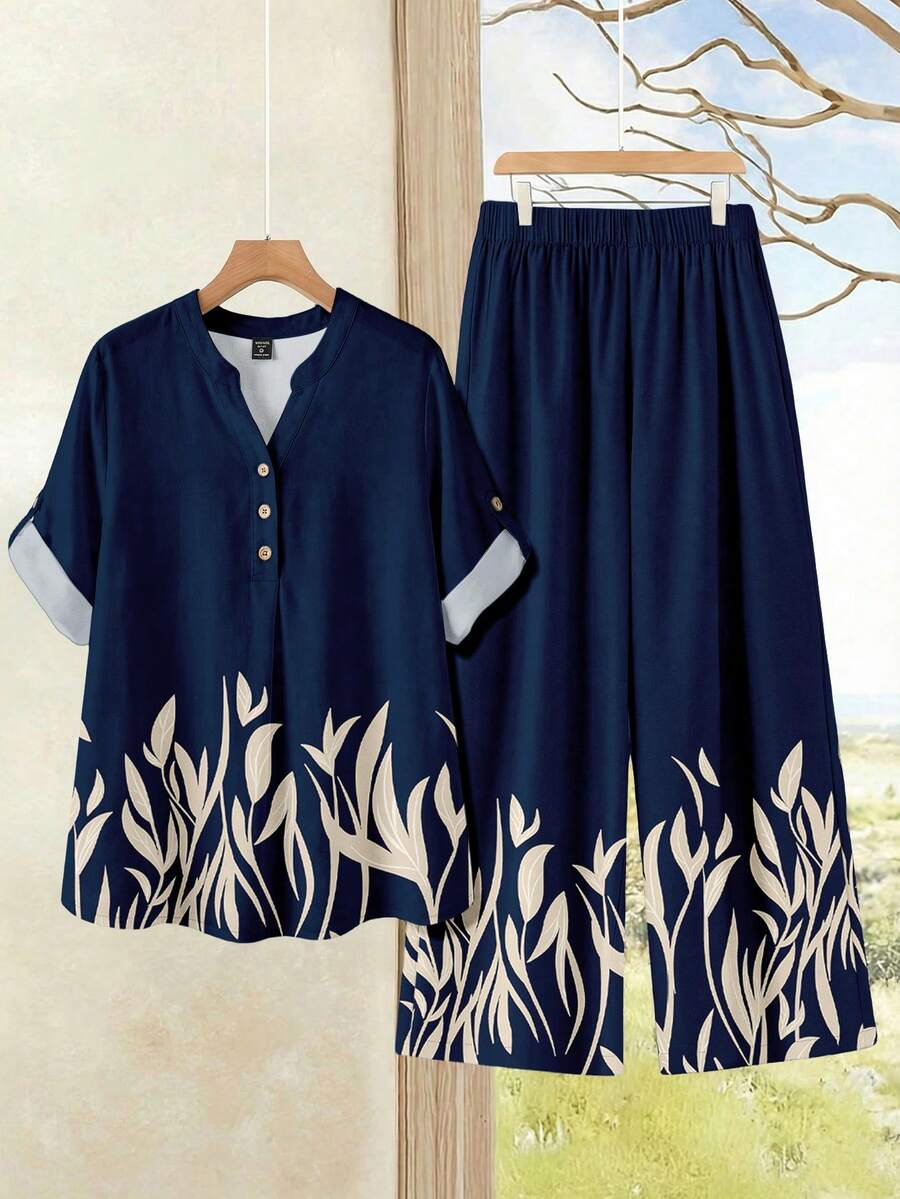 EMERY ROSE Leaf Print Plus Size Women Rolled Sleeve Shirt And Pants 2 Pieces Set, Suitable For Vacation - Multicolor - View 1