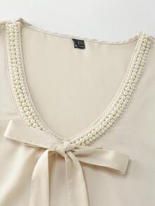 Franclia Women's Elegant Casual 2026 Spring/Summer Satin Pearl Collar Bow Loose Mini Dress - Champagne - View 4