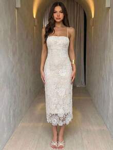 Aloruh Đầm slip thanh lịch ôm sát người, ren hoa dành cho nữ - trắng - Xem 8