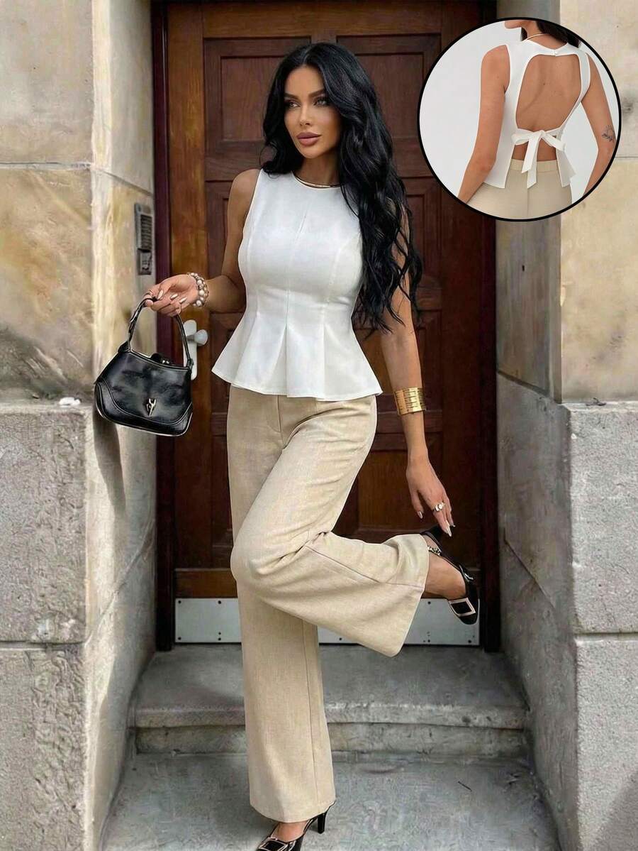 Aloruh Áo kiểu nữ thanh lịch, màu trơn, không tay, buộc dây phía trước, hở lưng, thích hợp cho kỳ nghỉ hè, du lịch, đi biển, màu trắng, kiểu peplum.