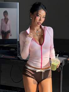 Gameset SHEIN Sport 女款亮粉色夏季性感健身運動夾克，修身立領撞色全開襟拉鍊長袖，附拇指孔與圓弧下擺 - 粉色 - 查看 1