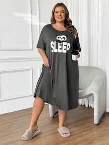 SHEIN CURVE+ 加大码舒适熊猫印花圆领休闲睡裙，夏季 - 灰色 - 查看 7