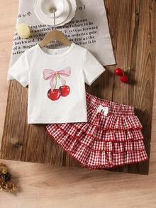 SHEIN Tween Girl Cherry Graphic Knit Round Neck Casual T-Shirt And Ruffle Hem Shorts 2 Pieces Set - Multicolor - View 5