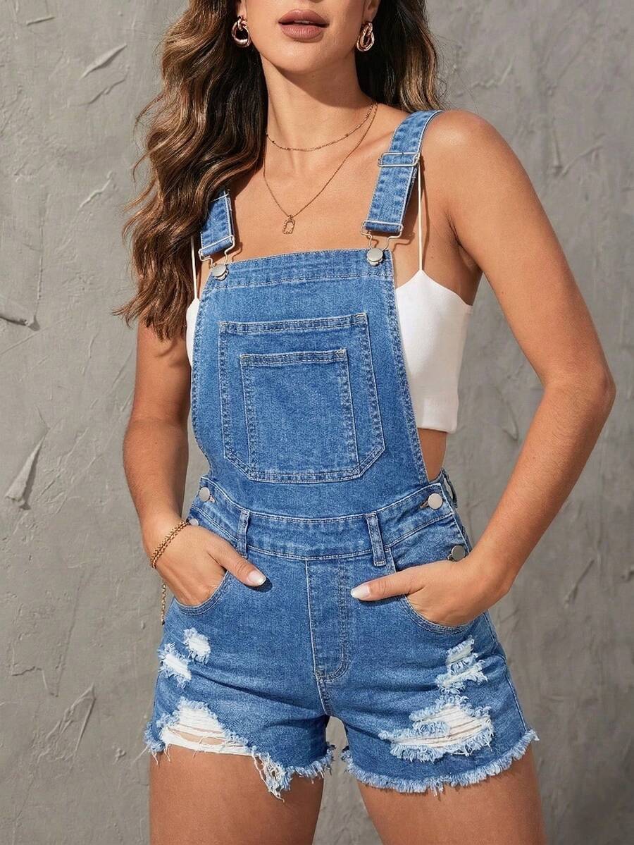 Jeanoix 夏季休闲做旧牛仔背带短裤 - 中等水洗藍 - 查看 1