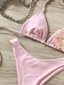 Swim Vcay 2026春夏粉色吊带亮片系带高衩甜美比基尼两件套女装 - 粉色 - 查看 7