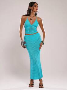 SHEIN BAE 2件/套露背系带浪漫度假女式毛衣 - 藍色 - 查看 4