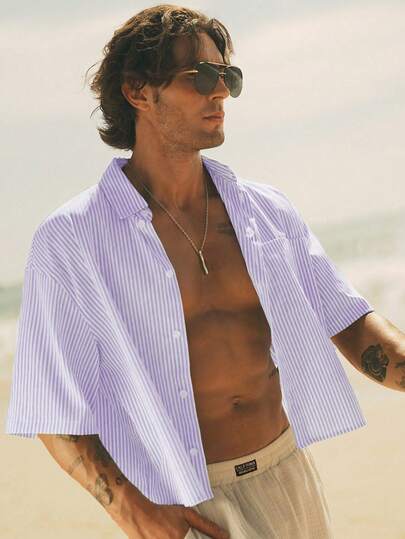 HIMLAND قميص رجالي كاجوال ضيق القصة مخطط منسوج بأكمام قصيرة