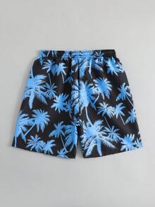SHEIN 一件青少年男童泳衣，黑色底蓝色棕榈树印花，松紧腰带+抽绳设计，梭织面料，时尚休闲，清凉舒适，适合游泳、夏季度假、海滩、泳池、节日派对等场合。 - 藍色 - 查看 2