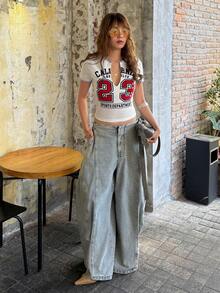 Rina Fox Women's Letter Print V-Neck Short Sleeve Casual T-Shirt - White - View 4