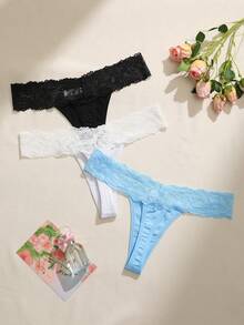 Snug Zone 3pcs Seamless Lace Inset Thong Panties Set - Multicolor - View 2