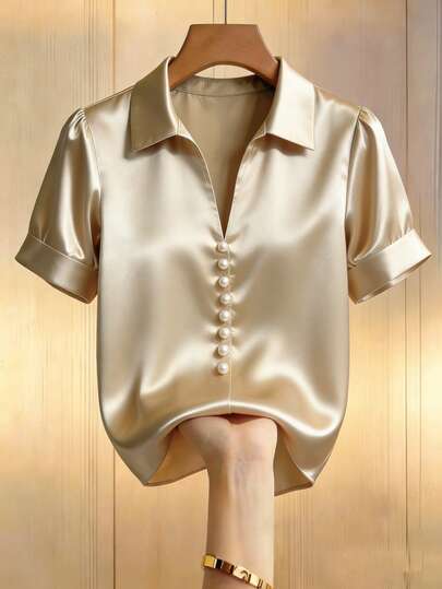 Franclia Spring & Summer Women's Casual Fashion Minimalist Commuter Versatile Loose Small Lapel Lantern Sleeve Color Denim Pearl Decor Blouse