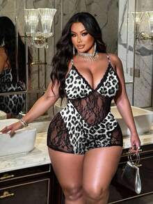 NU&NOW Plus Size Women Leopard Lace Sexy Date Night Romper Leopard Print Lingerie Bodysuits For Women - Black and White - View 6