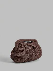Ontre Stylish Handmade Brown Straw Pleated Cloud Bag Clutch Bag, Suitable For Vacation, Travel - Coffee - View 2