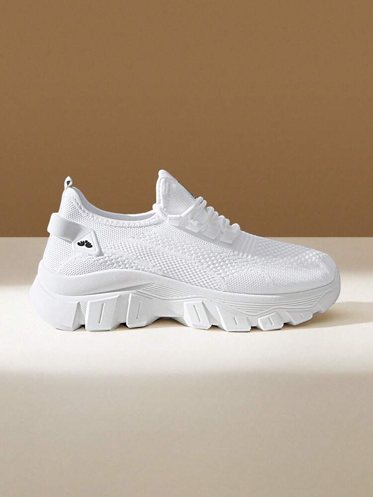 CUCCOO EASI White Fly-Woven Chunky Sneakers, Thick-Soled Heightened Breathable Casual Sneakers, Spring And Summer Commuting Versatile Women's Shoes, Daily Shopping Commuting Shoes