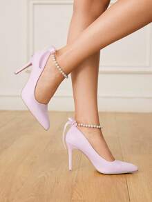 CUCCOO HITCHD Women's Spring/Summer New Fashion Versatile Cute Bow Pearl Chain Beaded Minimalist Elegant Pointed Toe Shoes, Romantic Powder Pink PU Leather Slip-On Low Vamp High Heel Pumps, Suitable For Wedding, Party, Date, All Seasons - Pink - View 6
