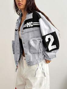 StreetHx Women's Color Block Letter Embroidery Denim Jacket - Multicolor - View 7