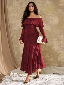 Roveilla 大码女式法式休闲牡丹花卉露肩鱼尾连衣裙 - 紅色 - 查看 8