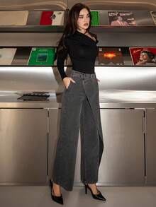 Bris Aura 女式不对称设计黑色牛仔裤 - 黑色 - 查看 3