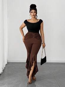 Maweii Plus Size Elegant Lace Patchwork High Slit 7/8 Pants - Brown - View 2
