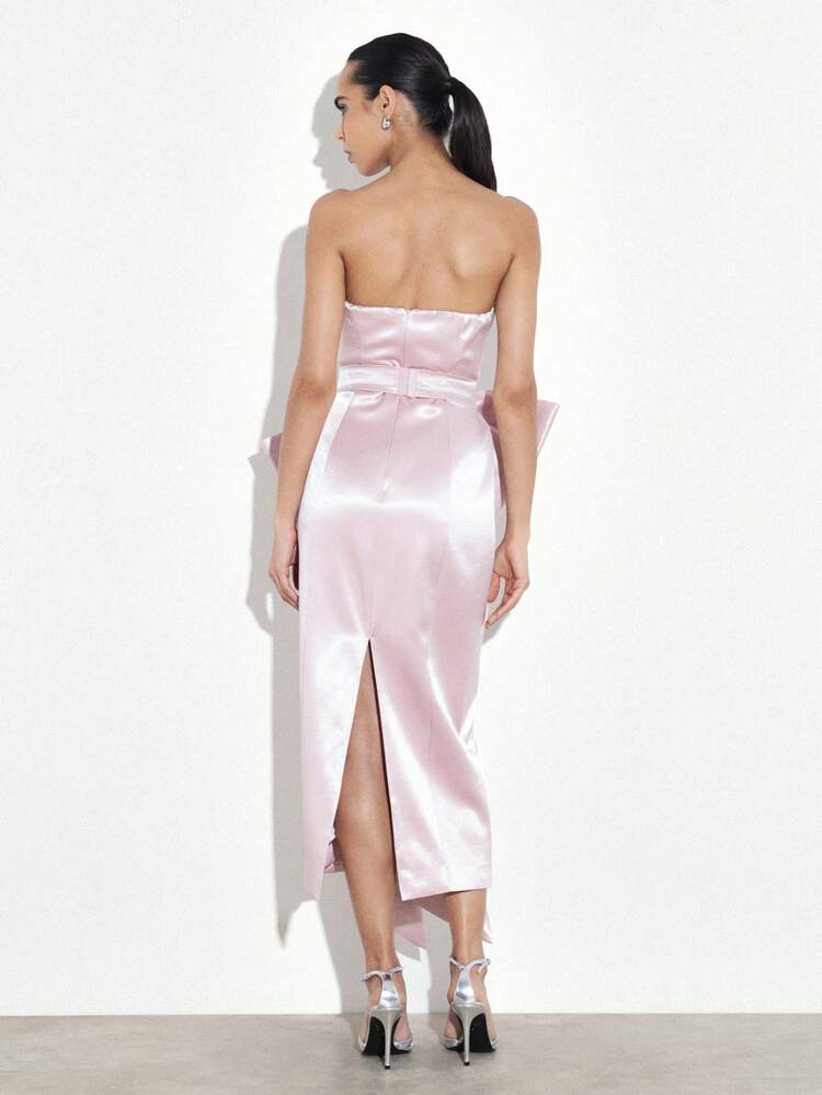 KSTM Strapless Satin Midi Dress With Oversized Front Bow Detail And Asymmetric Drape Hem Perfect For Evening Wedding Guest Special Occasions