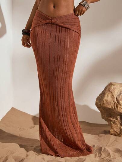 Opulessa Women's Solid Color Knitted Twist Maxi Cover Up & Skirt Set, Suitable For Beach Vacation