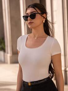 Andrea Bello Fitted Lace Trim Square Neck Short Sleeve Women T-Shirt - White - View 4