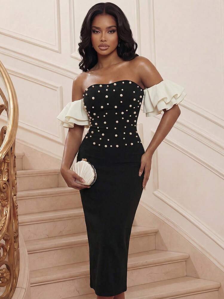 Women's New Black Pearl Short Petal Sleeve Strapless Elegant Cocktail Party Birthday Bodycon Dress