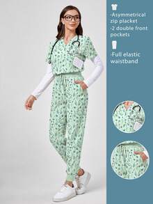 TaskEZ Leaf Plant Cartoon Print V-Neck Short Sleeve Pocket Hanging Ear Split Design Women 2-Piece Set, Spring/Summer Nurse Scrub, Pants Casual Suit, Scrub Set - Multicolor - View 1