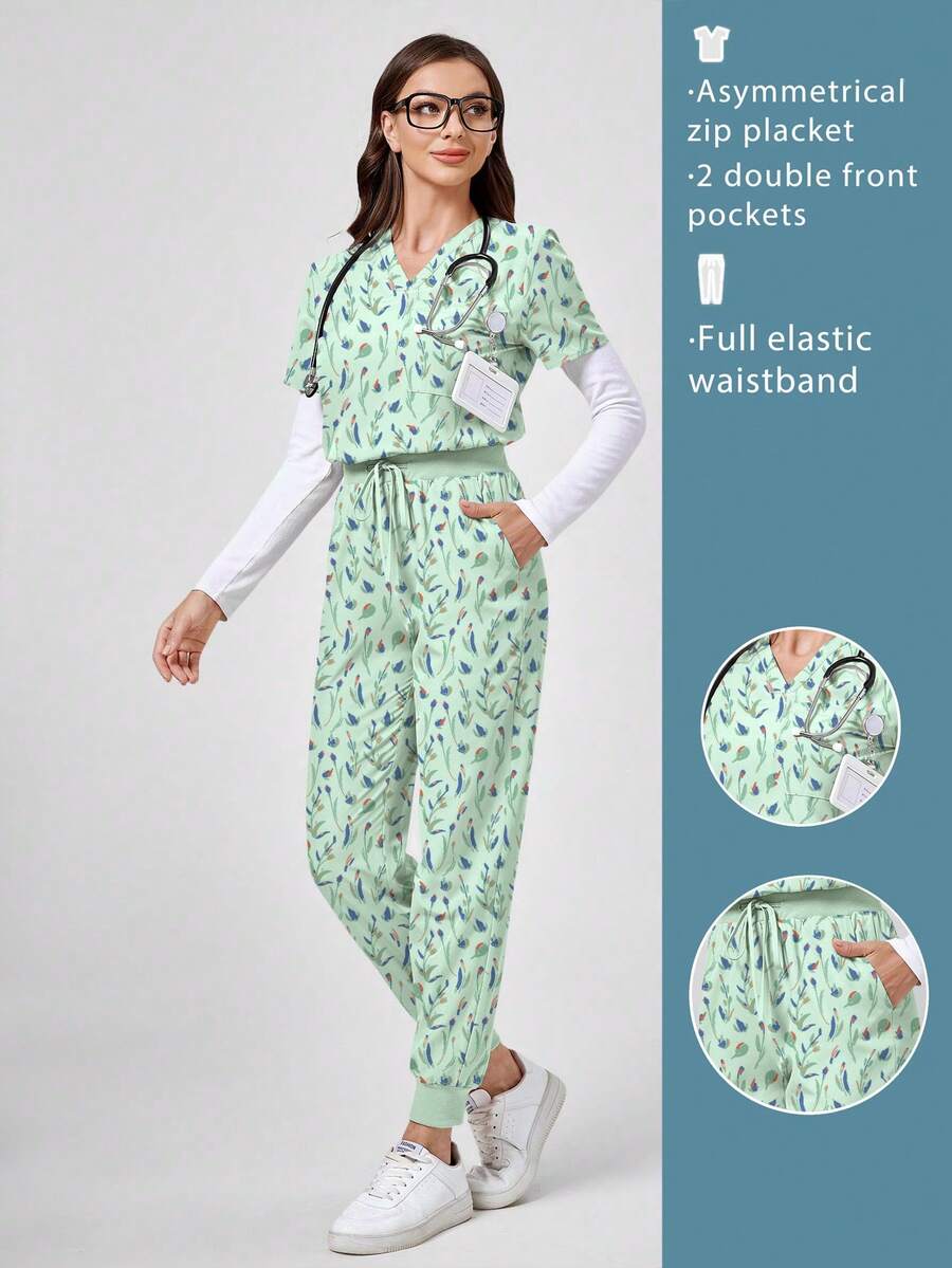 TaskEZ Leaf Plant Cartoon Print V-Neck Short Sleeve Pocket Hanging Ear Split Design Women 2-Piece Set, Spring/Summer Nurse Scrub, Pants Casual Suit, Scrub Set - Multicolor - View 1