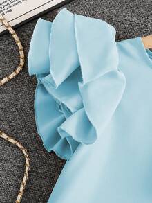 SHEIN Elladie kids Young Girl Minimalist Fashion Ruffle Trim Short Sleeve T-Shirt And Pants Set - Baby Blue - View 4