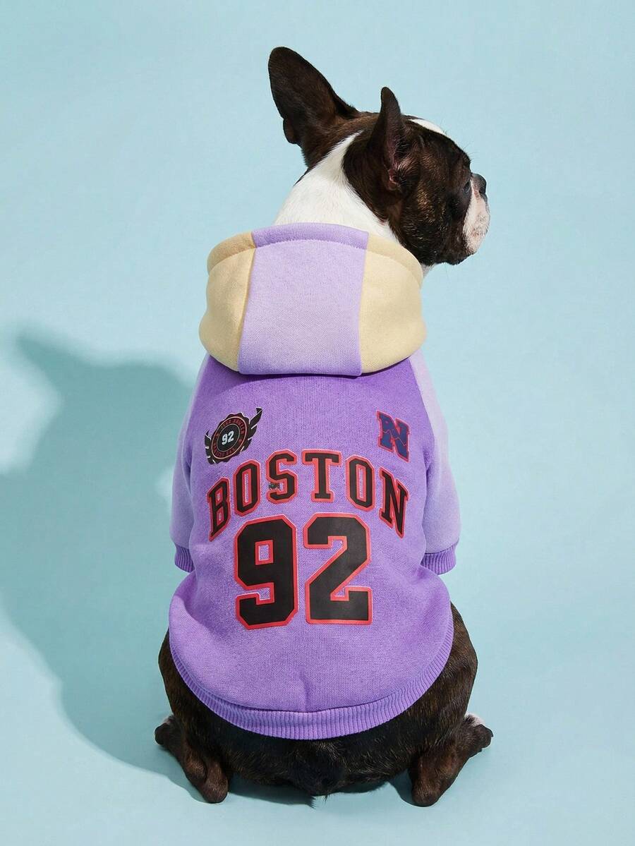 PETSIN 1 pieza de ropa de mascota con capucha de estilo deportivo, con bloqueo de color e impresión de letra digital, gruesa y cálida para primavera y otoño - Multicolor - Ver 1