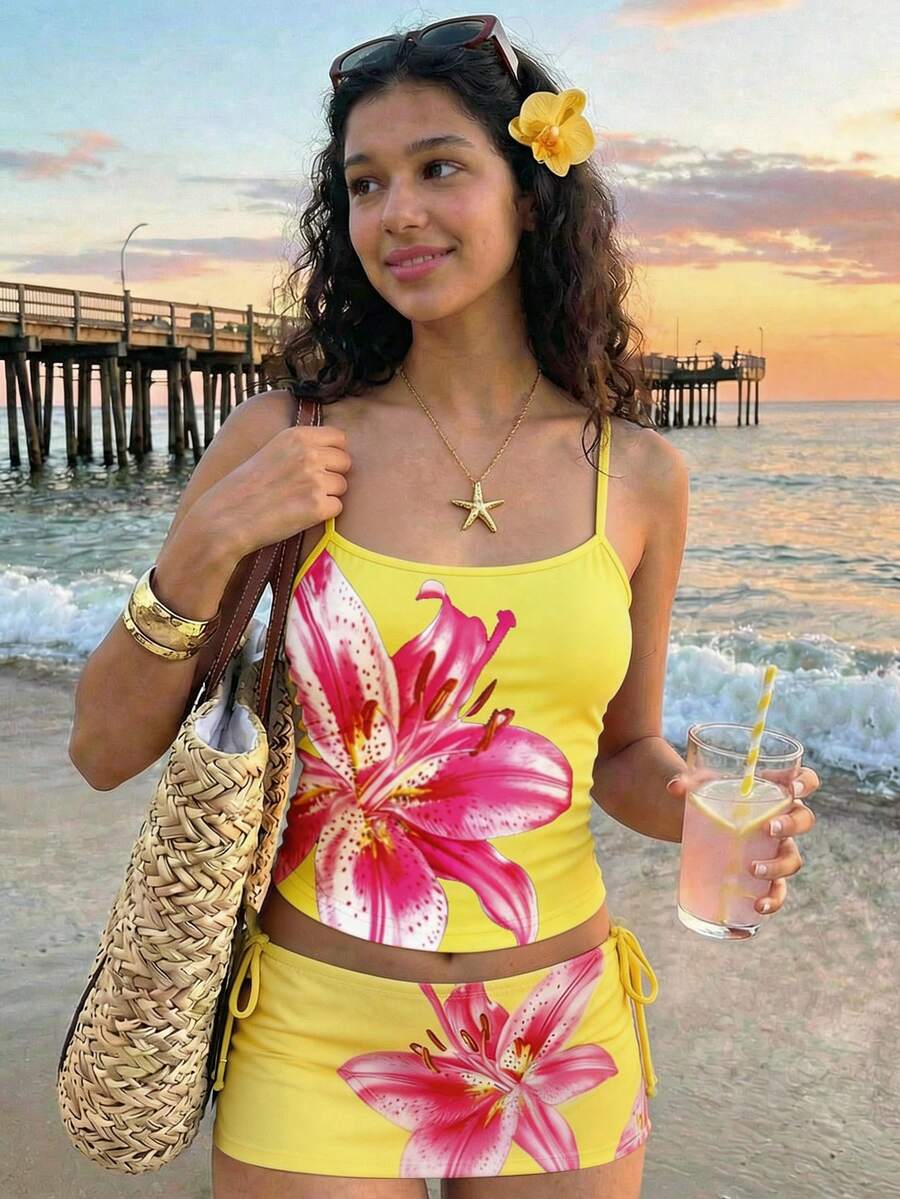 Camiseta de tirantes con estampado floral de lirio para adolescentes, casual para vacaciones de verano - Multicolor - Ver 1