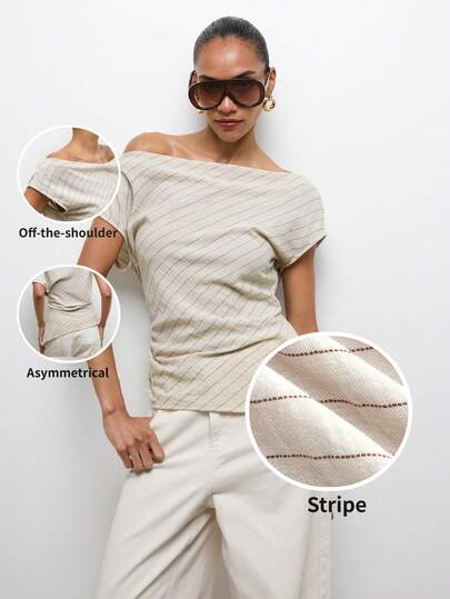 Maija Women's Striped Asymmetric Neck Casual Versatile Daily Wear Top St Patrick's Day Women Easter Summer Easter Women Party Top Beach Summer Holiday Each Vacation For Women Summer For Women Going Out Graduation Graduation Casual Casual Blouses For Women