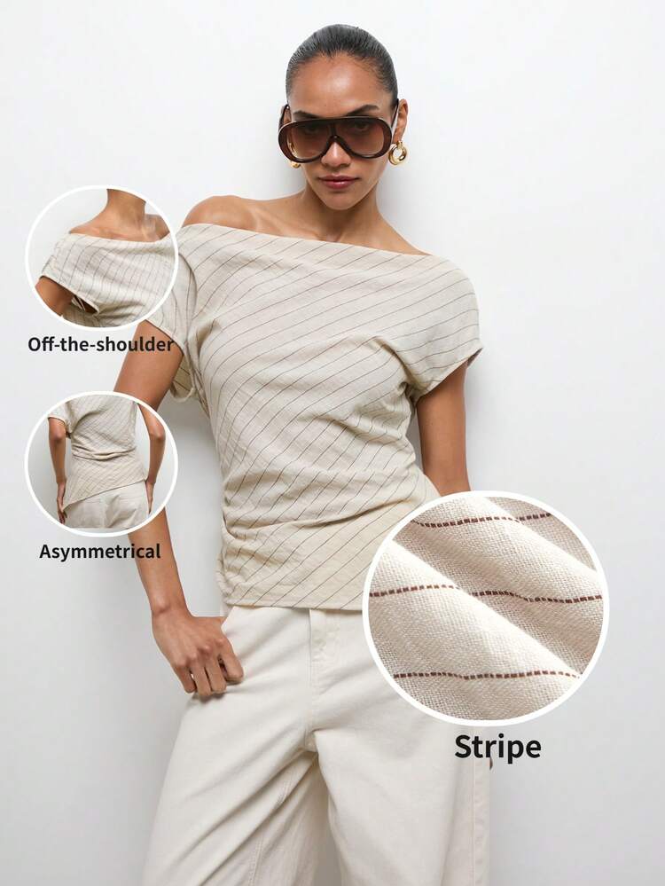 SHEIN Maija Women's Striped Asymmetric Neck Casual Versatile Daily Wear Top St Patrick's Day Women Easter Summer Easter Women Party Top Beach Summer Holiday Each Vacation For Women Summer For Women Going Out Graduation Graduation Casual Casual Blouses For Women,Summer Top