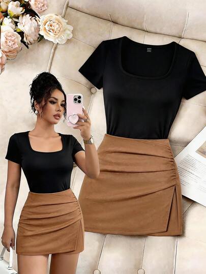 Franclia 女士优雅休闲黑色圆领短袖T恤，饰以珍珠，搭配棕色麂皮短裤，二合一设计，夏季套装，海滩度假风，女士优雅两件套，女士休闲套装，黑色上衣，棕色下装。棕色服装，棕色裙子，深棕色上衣，棕色套装，女士咖啡棕色上衣，咖啡棕色上衣