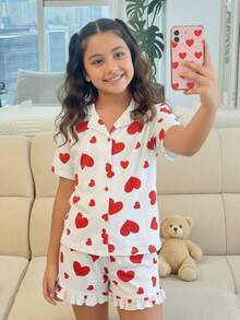 Tween女孩純色愛心圖案針織開襟衫與針織短褲2件式居家服套裝，情人節，Tween女孩 - 紅白色 - 查看 7