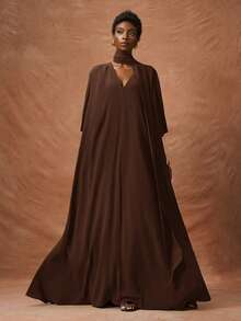 Zivah 2026春夏新款音乐节、复活节、圣帕特里克节、情人节、约会、西部风、游牧风、生日派对、毕业典礼、学院风、学生装、日常穿着、百搭基础款、休闲装、度假、邮轮旅行、海滩、日光浴、爆款、街头风、婚礼宾客、通勤、早午餐、机场、派对、假日郊游、办公室穿着 V领中袖长款宽松A字连衣裙，配腰带、褶皱、绿色、口袋 - 棕色 - 查看 4