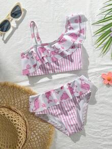 Girls Swimsuit Set, Striped Dolphin Print Pattern, Cute Swimwear Set Suitable For Vacation, Beach Play - Multicolor - View 1