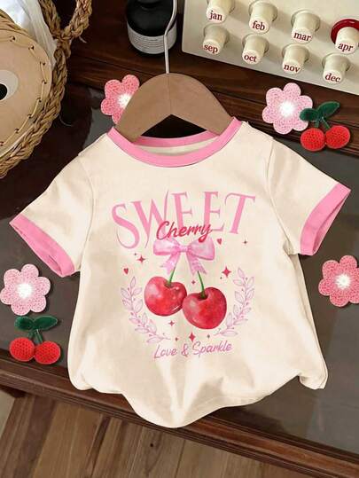 Tween Girls Cherry Print Short Sleeve Top, Casual & Comfortable Spring/Summer, Fashion, Suitable For Outdoor Activities, Picnics, Street Photography, Home, School, Festivals, Gifts