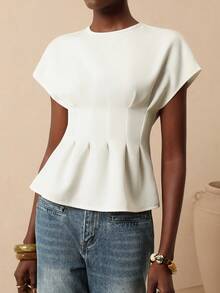Vesra Women's Elegant Solid Color Cinched Waist Blouse For Commuting, Summer - Apricot - View 1