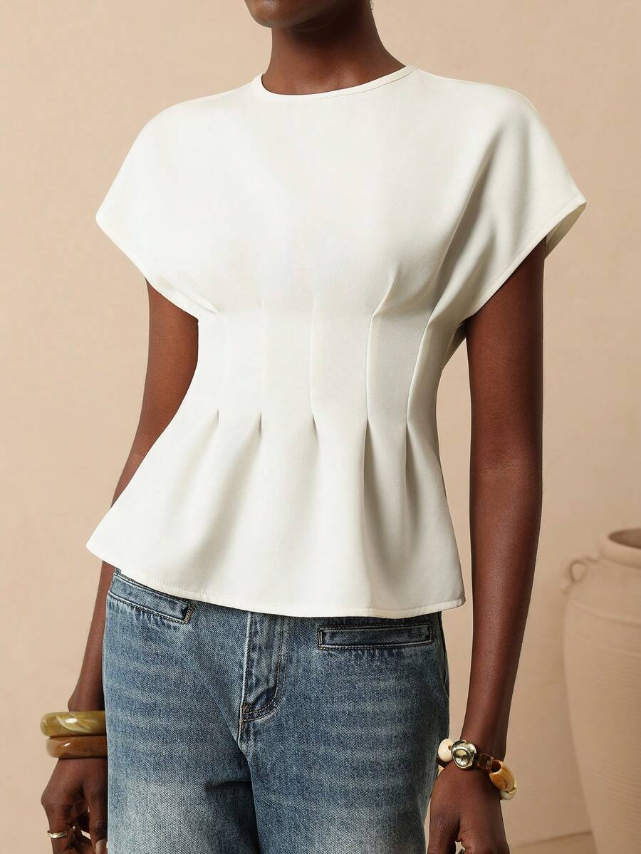 Vesra Women's Elegant Solid Color Cinched Waist Blouse For Commuting, Summer - Apricot - View 1