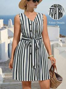 Linhara CURVE 女士V领条纹短袖休闲连衣裙，度假沙滩裙，春夏装，吊带裙，浪漫连衣裙，夜店裙 - 白色 - 查看 1