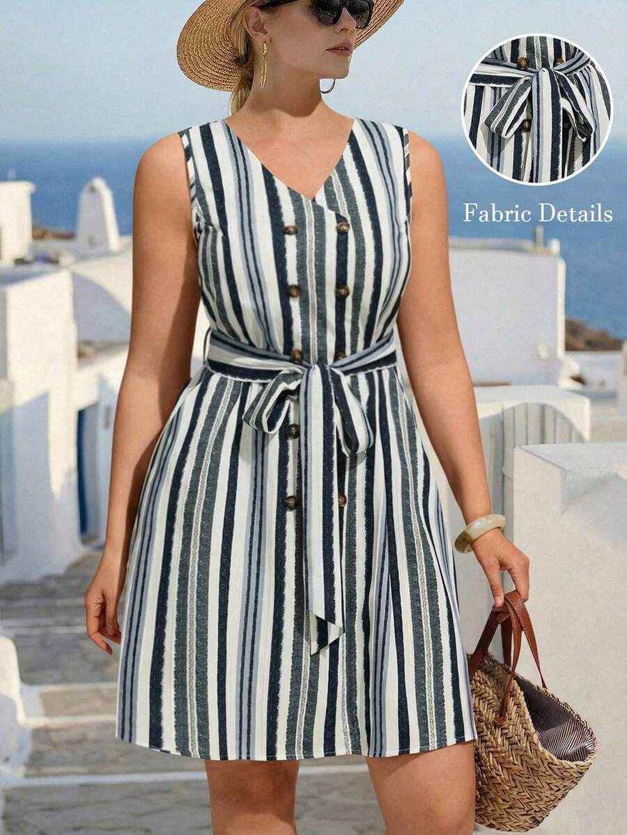 Linhara CURVE 女士V领条纹短袖休闲连衣裙，度假沙滩裙，春夏装，吊带裙，浪漫连衣裙，夜店裙 - 白色 - 查看 1