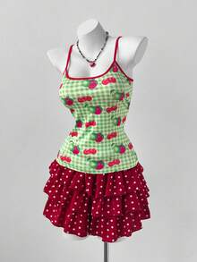 Sweetra Y2K街头风多巴胺樱桃水果花卉印花修身度假撞色背心（女款） - 綠色 - 查看 5