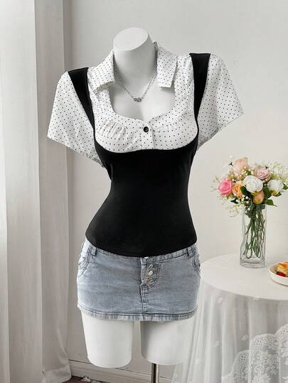 Sunspun 复古波点拼接短袖T恤，修身百搭露脐上衣，甜美方领泡泡袖，性感修身黑色露脐上衣，艺术波点拼接设计，秋季百搭无袖拼接T恤