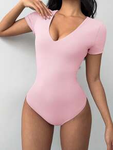 SHEIN BASICS Áo liền thân ngắn tay cổ chữ V màu trơn, kiểu dáng thường ngày, ôm sát người, dành cho nữ. - Hồng - Xem 6
